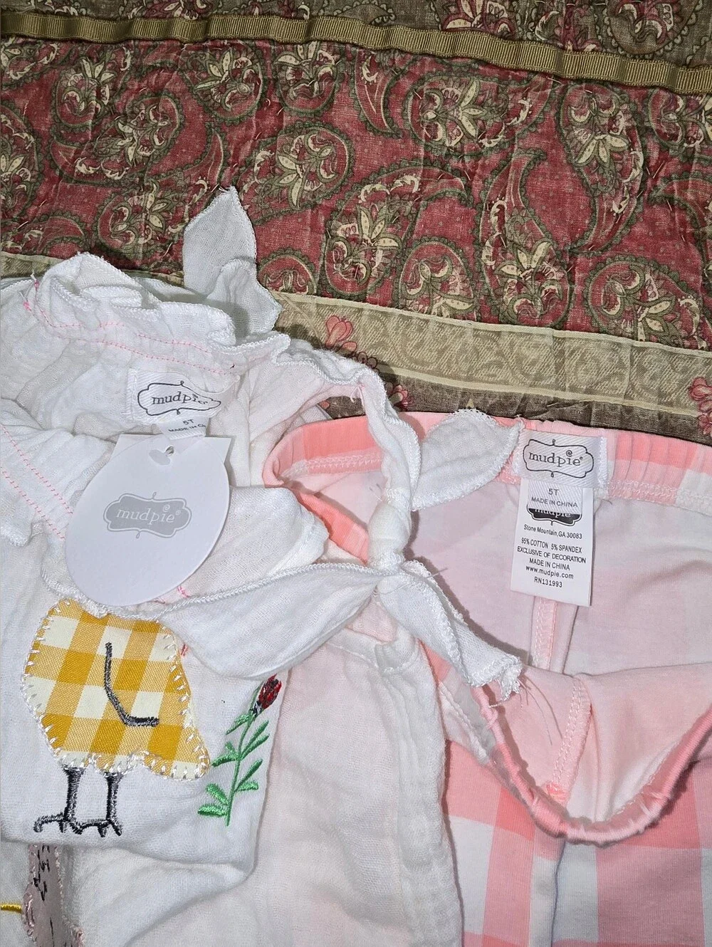 Mud Pie Embroidered Chicken Tank and Pink Gingham Pants Set